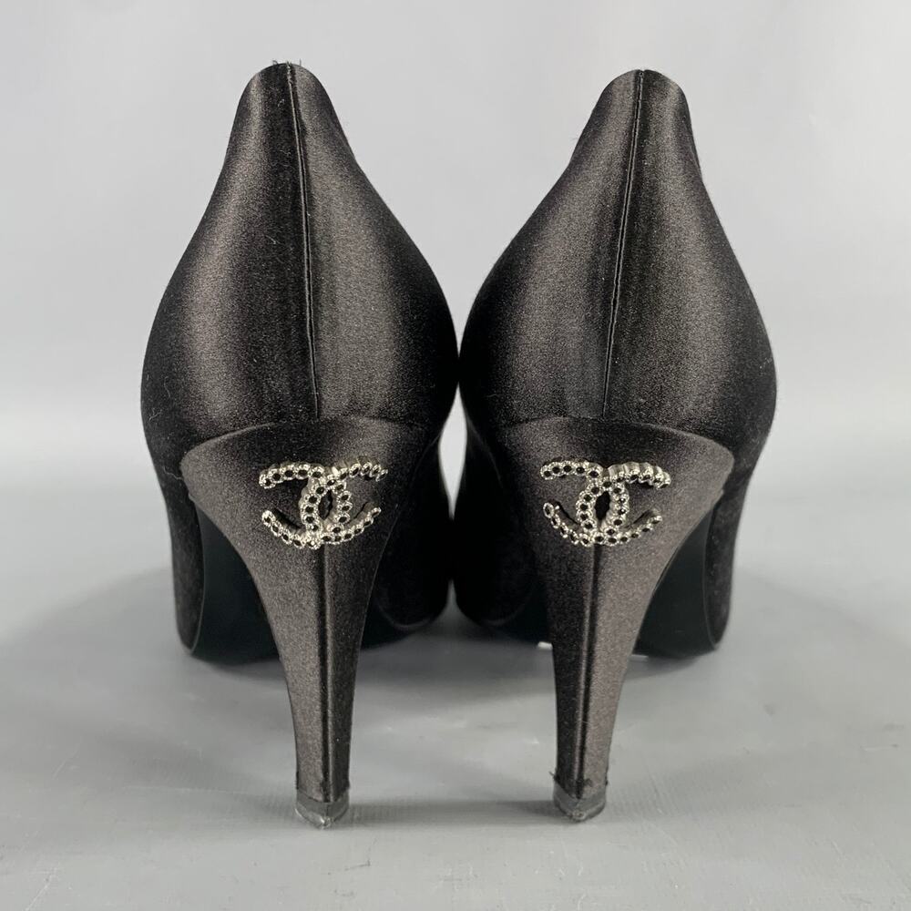 CHANEL Size 7.5 Black Satin Round Toe Pumps - Picture 3 of 8